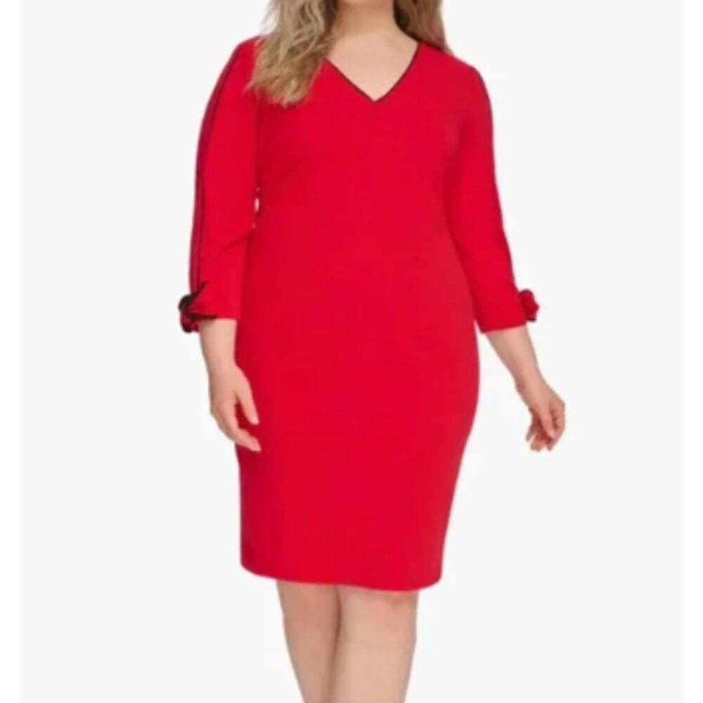Calvin Klein V Neck Bow Sheath Dress Red Black Piping Contrast Size 22W NWT